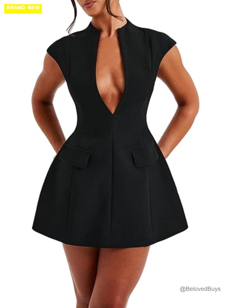 Cap Sleeve Deep V Neck A-Line Mini Dress With Zipper Back
